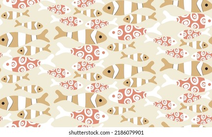 Abstract Retro Fishes Decorative Seamless Pattern Trendy Fashion Colors Elegant Cute Design Perfect for Allover Fabric Print or Wrapping Paper Ecru Pastel Brown Tones