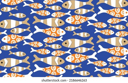 Abstract Retro Fishes Decorative Seamless Pattern Trendy Fashion Colors Elegant Cute Design Perfect for Allover Fabric Print or Wrapping Paper Royal Blue Orange Sandy Brown Tones
