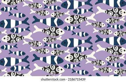 Abstract Retro Fishes Decorative Seamless Pattern Trendy Fashion Colors Elegant Cute Design Perfect for Allover Fabric Print or Wrapping Paper Lilac Background