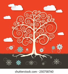 Abstract Retro Flat Design Tree with Clouds and Flowers Illustration on Brown and Red Background