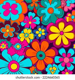 Abstract retro floral Colorful vector illustration. Groovy geometric flowers, hippie style. 60s, 70s Funky and groove isolated plant elements Hand-Drawn Vector Illustration