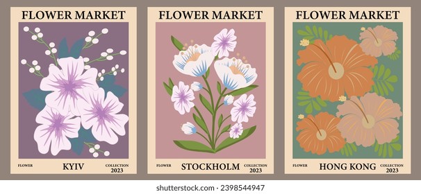 Abstract retro floral posters with bouquet in pastel colors. Templates for your projects, illustrations. Vector illustration.