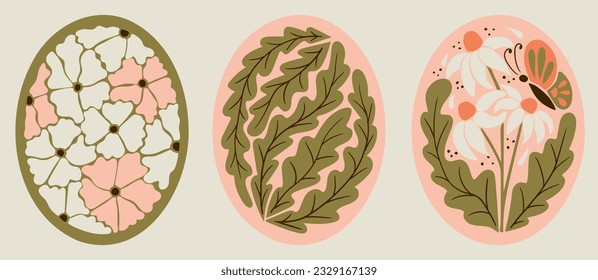 Abstract retro floral posters. Collection of three vector botanical flat composition in oval form. Ideal for interior decoration, posters, t shirt print, social media graphics, wall art, printout