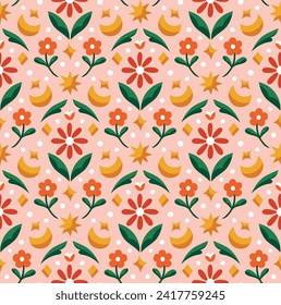 Abstract retro floral seamless pattern. Vector vintage flower art deco texture. Geometric minimalist background.