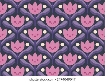 Abstract retro floral seamless pattern. Vector vintage flower art deco texture. Geometric minimalist background.
