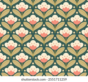 Abstract retro floral seamless pattern. Vector vintage flower art deco texture. Geometric minimalist background.