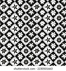 Abstract Retro Florals Geometric Diamond Squares Background Hand Drawn Trendy Minimalist Seamless Vector Pattern Stylish Compatible Colors Perfect for Allover Fabric Print Black Gray Tones
