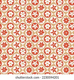 Abstract Retro Florals Geometric Diamond Squares Background Hand Drawn Trendy Minimalist Seamless Vector Pattern Stylish Compatible Colors Perfect for Allover Fabric Print Coral Milky Brown Tones