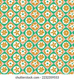 Abstract Retro Florals Geometric Diamond Squares Background Hand Drawn Trendy Minimalist Seamless Vector Pattern Stylish Compatible Colors Perfect for Allover Fabric Print Mustard Yellow Pool Blue