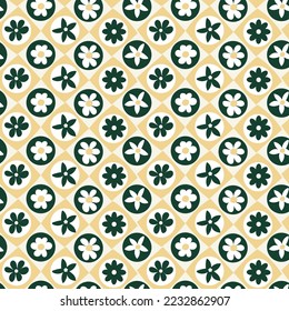Abstract Retro Florals Geometric Diamond Squares Background Hand Drawn Trendy Minimalist Seamless Vector Pattern Stylish Compatible Colors Perfect for Allover Fabric Print Dark Green Ecru Tones