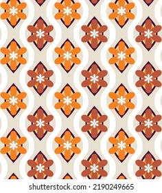 Abstract Retro Florals Vertical Wavy Stripes Seamless Pattern Geometric Blossoms Perfect for Allover Fabric Print or Wrapping Paper Ecru Orange Amber Brown Tones