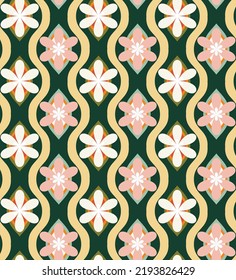 Abstract Retro Florals Vertical Wavy Stripes Seamless Pattern Geometric Blossoms Perfect for Allover Fabric Print or Wrapping Paper Dark Green Pastel Pink Tones