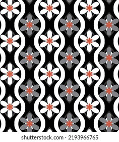 Abstract Retro Florals Vertical Wavy Stripes Seamless Pattern Geometric Blossoms Perfect for Allover Fabric Print or Wrapping Paper Black White Tones