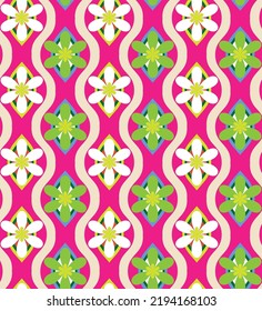 Abstract Retro Florals Vertical Wavy Stripes Seamless Pattern Geometric Blossoms Perfect for Allover Fabric Print or Wrapping Paper Fuchsia Green Tones