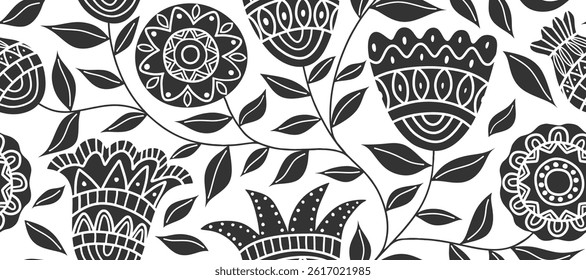 Abstract retro flower and leaves seamless pattern.