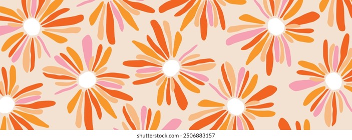 Abstract retro flower summer background, cover, card with bright flowers in retro styles and modern typography. Summer holidays, journey, vacation travel illustration. Promo ads design