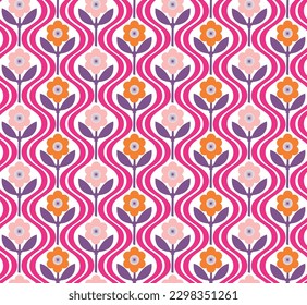 Abstract Retro Flowers Diagonal Wavy Stripes Seamless Cute Pattern Trendy Fashion Colors Minimalist Endless Design Perfect for Allover Fabric Print or Wrapping Paper Fuchsia Tones