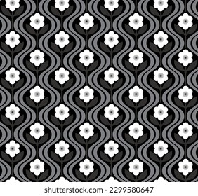 Abstract Retro Flowers Diagonal Wavy Stripes Seamless Cute Pattern Trendy Fashion Colors Minimalist Endless Design Perfect for Allover Fabric Print or Wrapping Paper Black Gray Tones