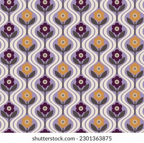 Abstract Retro Flowers Diagonal Wavy Stripes Seamless Cute Pattern Trendy Fashion Colors Minimalist Endless Design Perfect for Allover Fabric Print or Wrapping Paper Lilac Tones