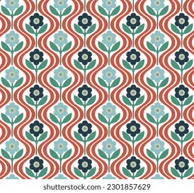 Abstract Retro Flowers Diagonal Wavy Stripes Seamless Cute Pattern Trendy Fashion Colors Minimalist Endless Design Perfect for Allover Fabric Print or Wrapping Paper Coral Pastel Blue Tones