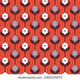 Resumen Flores retro Bandas onduladas diagonales Patrón suave sin inconvenientes Colores de moda Diseño sin fin minimalista Perfecto para la impresión de tela de alamante o envolver tonos de coral de papel naranja