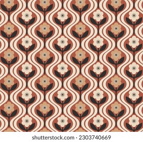 Abstract Retro Flowers Diagonal Wavy Stripes Seamless Cute Pattern Trendy Fashion Colors Minimalist Endless Design Perfect for Allover Fabric Print or Wrapping Paper Brown Tones