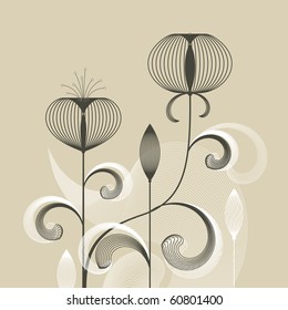 Abstract retro flowers on beige background, vector illustration
