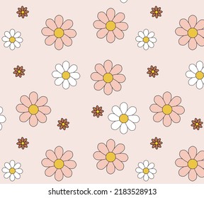 Abstract retro flowers pattern with groovy daisy flowers. Vintage floral mid century art. Hippie 60s, 70s, 80s style. Danish pastel vector design