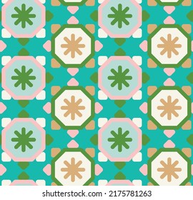 Abstract Retro Funky Sun Style Geometric Seamless Pattern Octagon Shape Trendy Fashion Colors Perfect for Allover Fabric Print or Wrapping Paper Tiffany Blue Green Tones