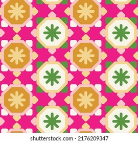 Resumen Retro Funky Estilo Sol Geométrico Patrón sin Marea Forma de Octagon Colores de moda a la moda Perfecto para la impresión de tela de Allover o envolver papel Fuchsia Tonos Amarillos Mostaza