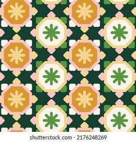 Abstract Retro Funky Sun Style Geometric Seamless Pattern Octagon Shape Trendy Fashion Colors Perfect for Allover Fabric Print or Wrapping Paper Dark Green Orange Tones