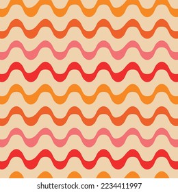 Resumen de ondas funky retro sin fisuras en color rosa, naranja, rojo y mandarina. Para afiches retro de los años 70, decoración de fondo y hogar