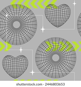 Abstract retro futurism seamless pattern with geometric wireframe shapes and arrows. Vector background with circles and heart shapes. Cyberpunk brutalism design elements