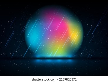 Abstract retro futuristic background with holographic liquid sphere and neon rain. Technology vector design