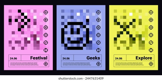Abstract retro futuristic pixelated print for event. Blurred Cyber rave posters, Y2k Trendy naive illustration. Pixels icons. Invite to festival. Flyer design template with geometry elements. Gentle