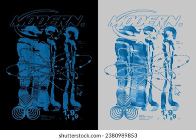 Abstract retro futuristic poster with blurred people. Modern pixel prints with dither effect. Typography vector posters