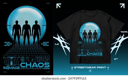 Abstract retro futuristic poster with gradient sphere. Streetwear people silhouettes, street 3D print for t-shirt, hoodie and sweatshirt. Isolated on black background	
