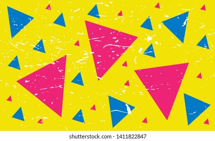 Abstract retro geometric background summer print blue pink yellow triangles the effect of wear Vector Illustration, vintage pattern. For fabric, textile, wrapping paper, card, invitation,Wallpaper.