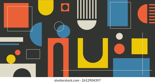 Abstract retro geometric banner with shapes and forms. Brutal contemporary figures and other graphic design elements. Swiss design aesthetic, Y2K vector illustrations.