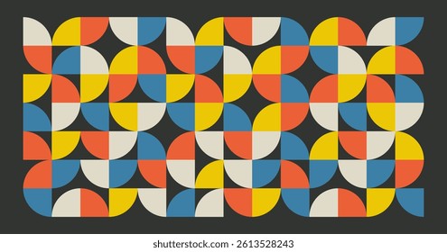 Abstract retro geometric banner with shapes pattern. Brutal contemporary figures in seamless tiles. Swiss design aesthetic, vector illustrations.
