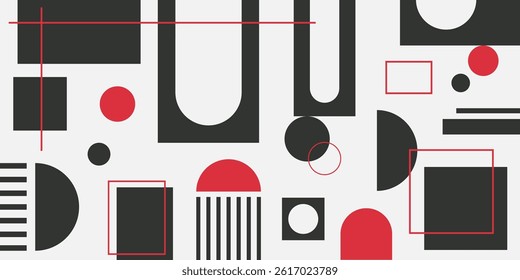 Abstract retro geometric banner with shapes and forms. Brutal contemporary figures and other graphic design elements. Red and black wallpaper. Vector illustrations.