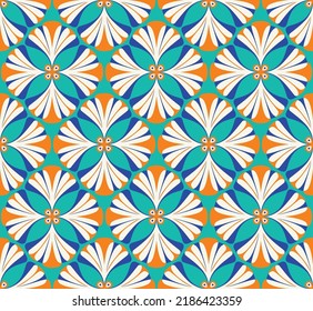 Abstract Retro Geometric Gingko Biloba Leaves Damask Style Seamless Pattern Trendy Fashion Colors Perfect for Allover Fabric Print or Wrappin Paper Vintage Concept Tiffany Blue Orange Tones