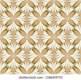 Abstrakter Retro Geometric Gingko Biloba hinterlässt Damast Style Nahtlose Muster Trendfarben Modefarben Perfekt für Allover Stoffdruck oder Wrapping Paper Vintage Konzept Milchbraun Olive Green Ecru Tones