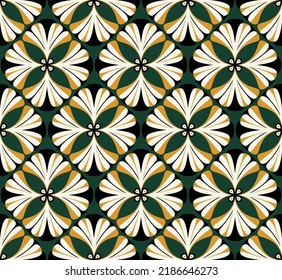 Abstrakter Retro Geometric Gingko Biloba hinterlässt Damast Style Nahtlose Muster modische Modefarben Perfekt für Allover Stoffdruck oder Wrapping Paper Vintage Konzept Dunkle grüne Ecru Tones