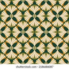 Abstract Retro Geometric Gingko Biloba Leaves Damask Style Seamless Pattern Trendy Fashion Colors Perfect for Allover Fabric Print or Wrappin Paper Vintage Concept Ecru Green Tones