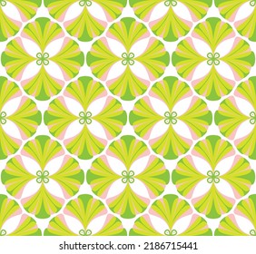 Abstract Retro Geometric Gingko Biloba Leaves Damask Style Seamless Pattern Trendy Fashion Colors Perfect for Allover Fabric Print or Wrappin Paper Vintage Concept Lime Green Ecru Tones