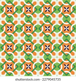 Abstract Retro Geometric Italian Tile Style Vector Seamless Pattern Trendy Fashion Colors Perfect for Allover Fabric Print or Wrapping Wall Paper Orange Green Tones