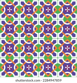 Abstract Retro Geometric Italian Tile Style Vector Seamless Pattern Trendy Fashion Colors Perfect for Allover Fabric Print or Wrapping Wall Paper Electric Purple Green Tones