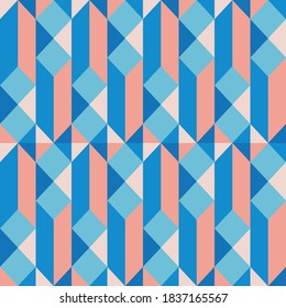 Abstract retro geometric seamless pattern for design on blue background.