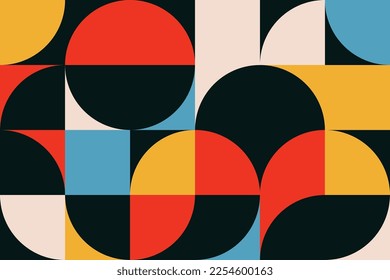 Abstract retro geometric seamless pattern in the Bauhaus style with grid and tile geo squares, triangles, semicircles and half-circles shape tileable background design